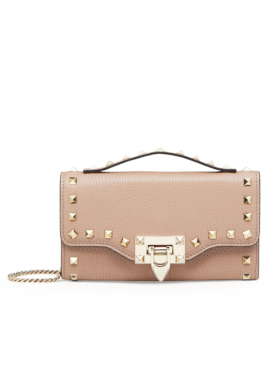 Rockstud Grainy Calfskin Wallet With Chain Strap in Poudre – COSETTE