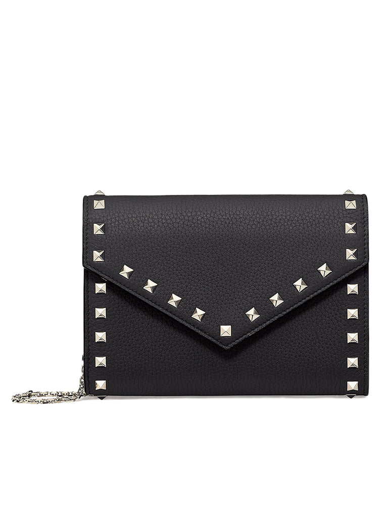 Rockstud Grainy Calfskin Wallet with Chain Strap