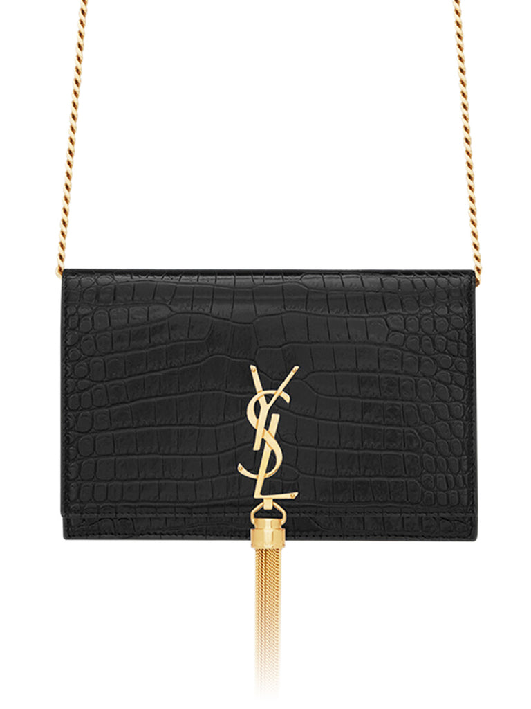 Saint Laurent Kate Chain Wallet With Tassel in Crocodile-Embossed