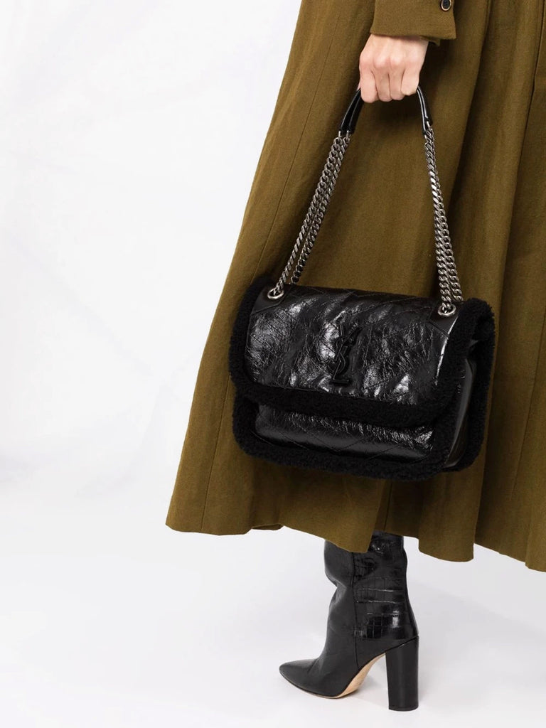 Niki Medium in Quilted Crinkled Leather and Shearling