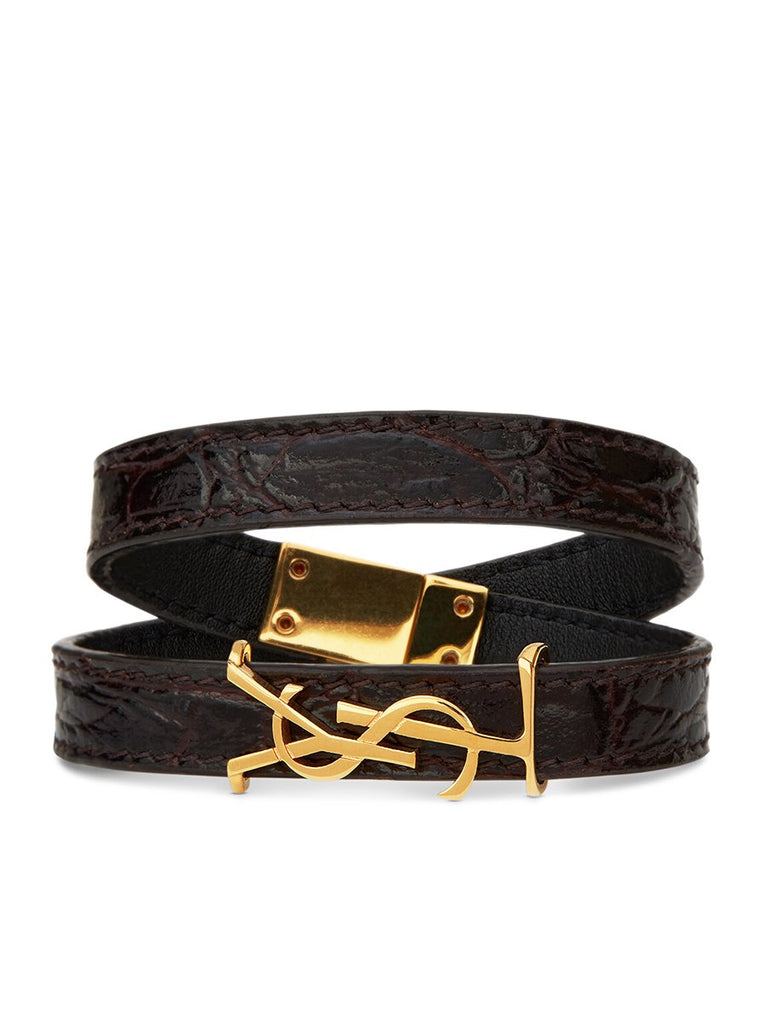 Opyum Double Wrap Bracelet in Shiny Crocodile Embossed Leather and Metal