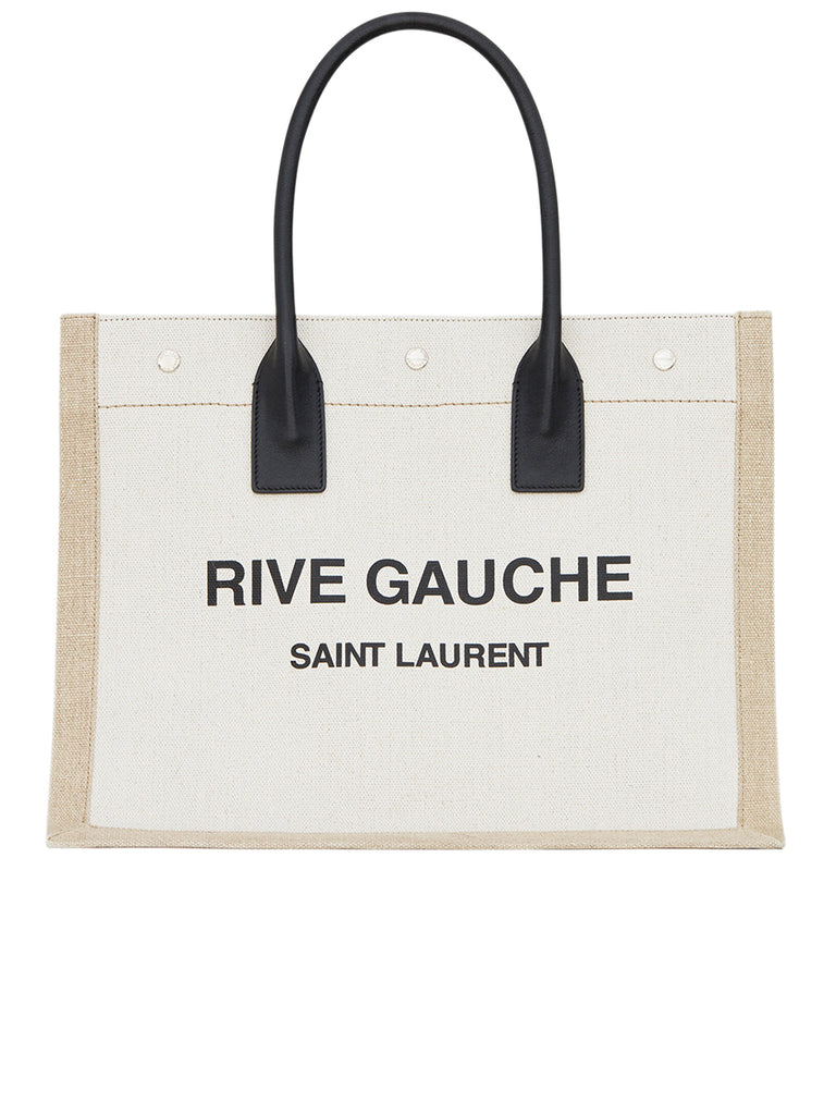 Small Rive Gauche Tote Bag in Linen and Leather